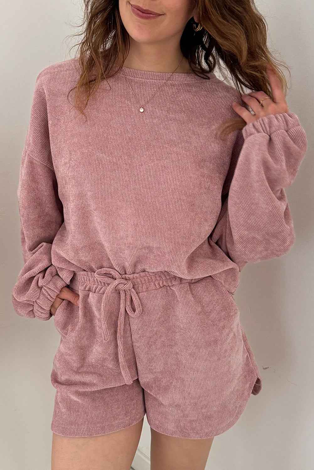 Fushia Solid Color Textured Knit Drop Shoulder Pullover Drawstring Shorts Set