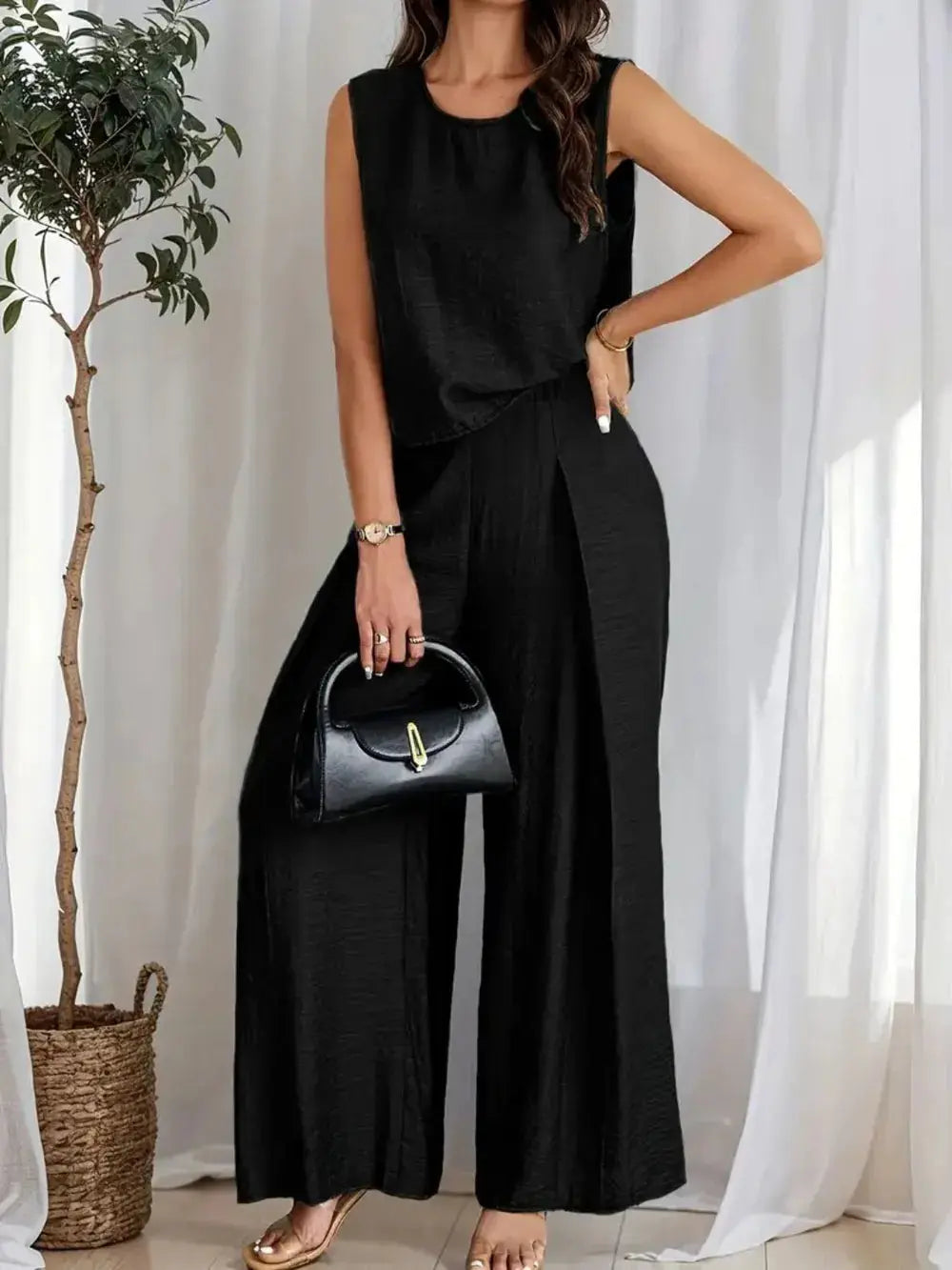 Round Neck Sleeveless Top and Wide Leg Pants Set.