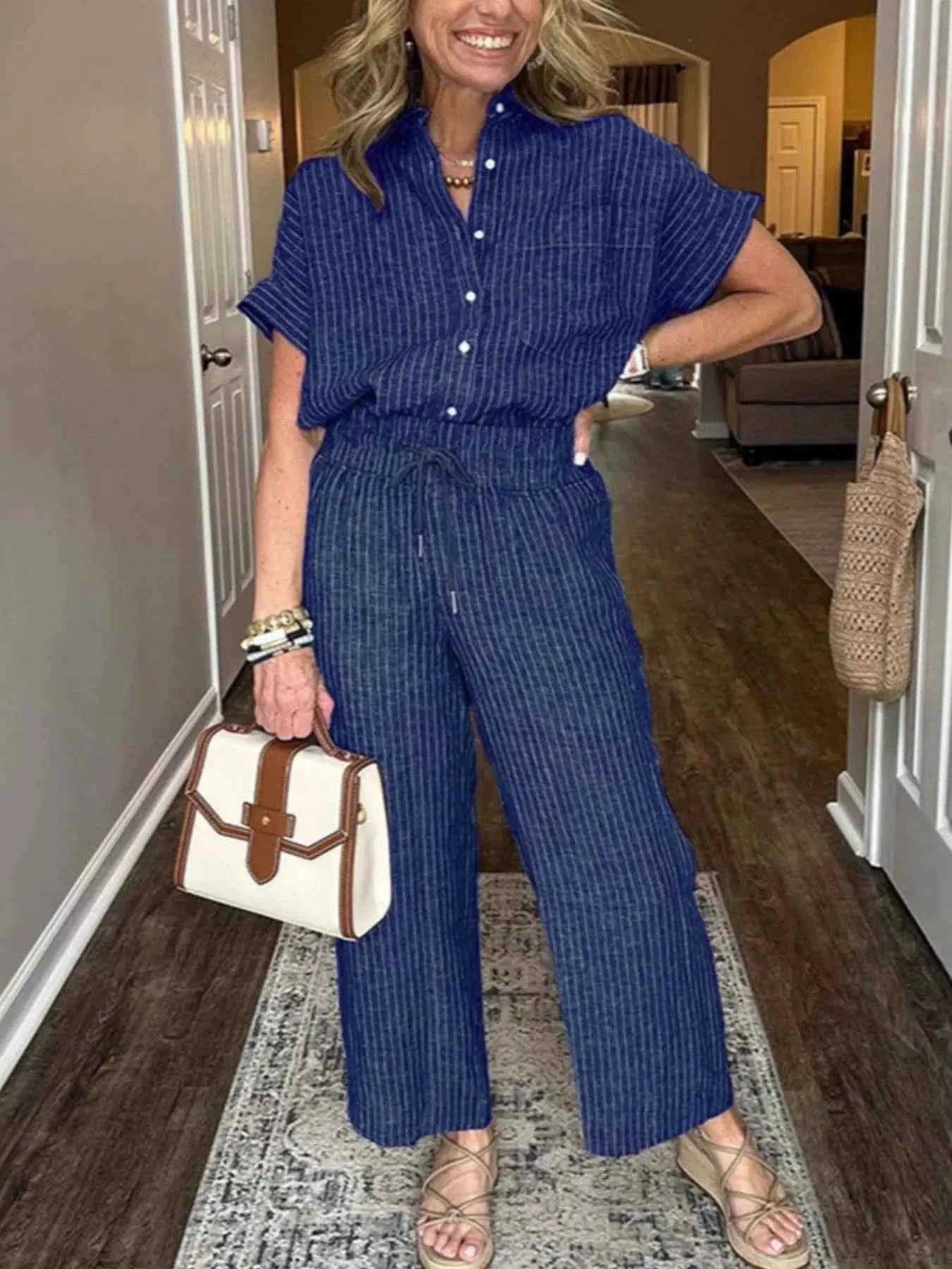 Full Size Striped Button-Up Shirt and Wide Leg Pants Casual Set Plus Size