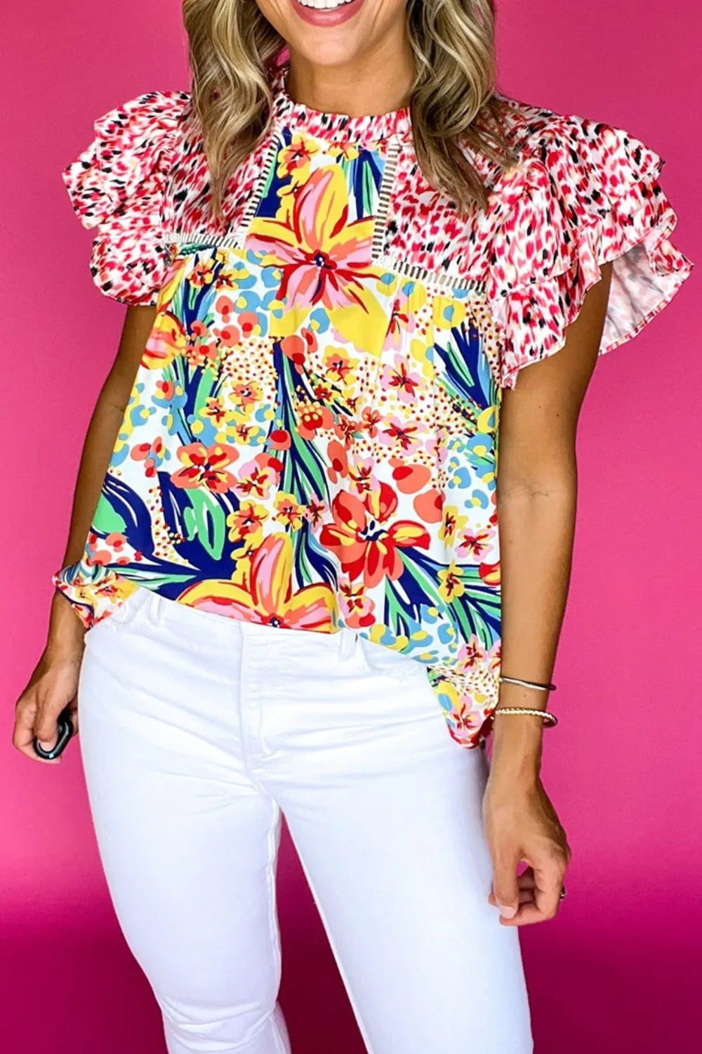 Printed Round Neck Cap Sleeve Blouse.