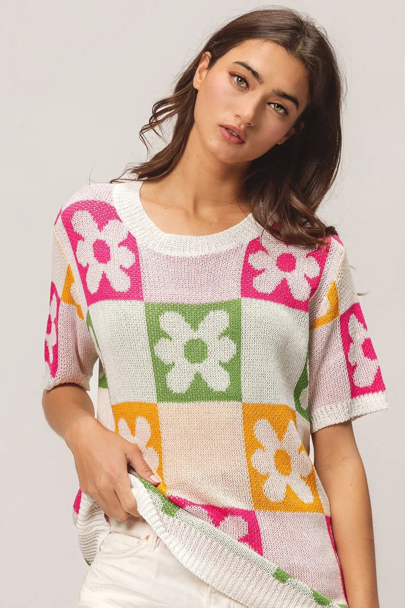 Flower Checker Pattern Lightweight Sweater Top.