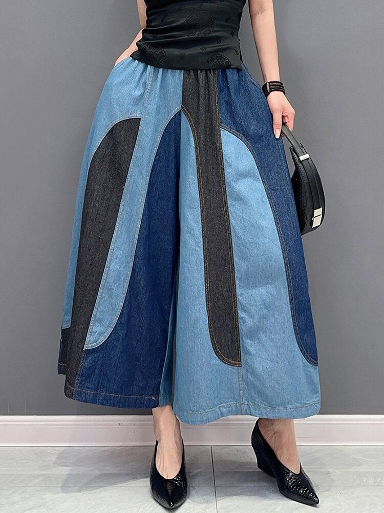 Fashion Casual Patchwork Elastic Waist Wide Leg Pants Ankle Length Pants Trendy Women Pants eprolo