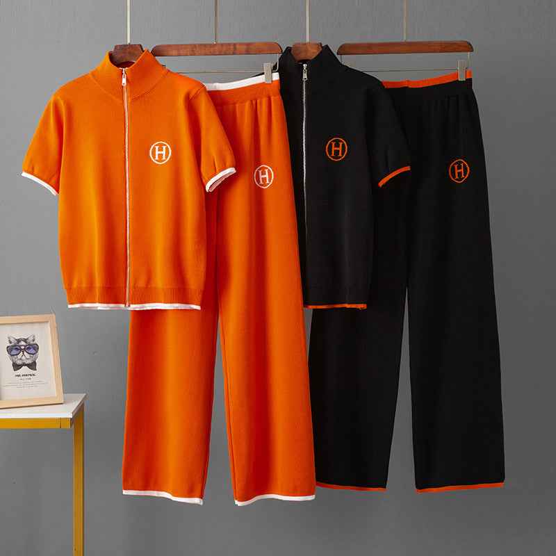 Zipper short sleeved top+sports wide leg pants two-piece set for women