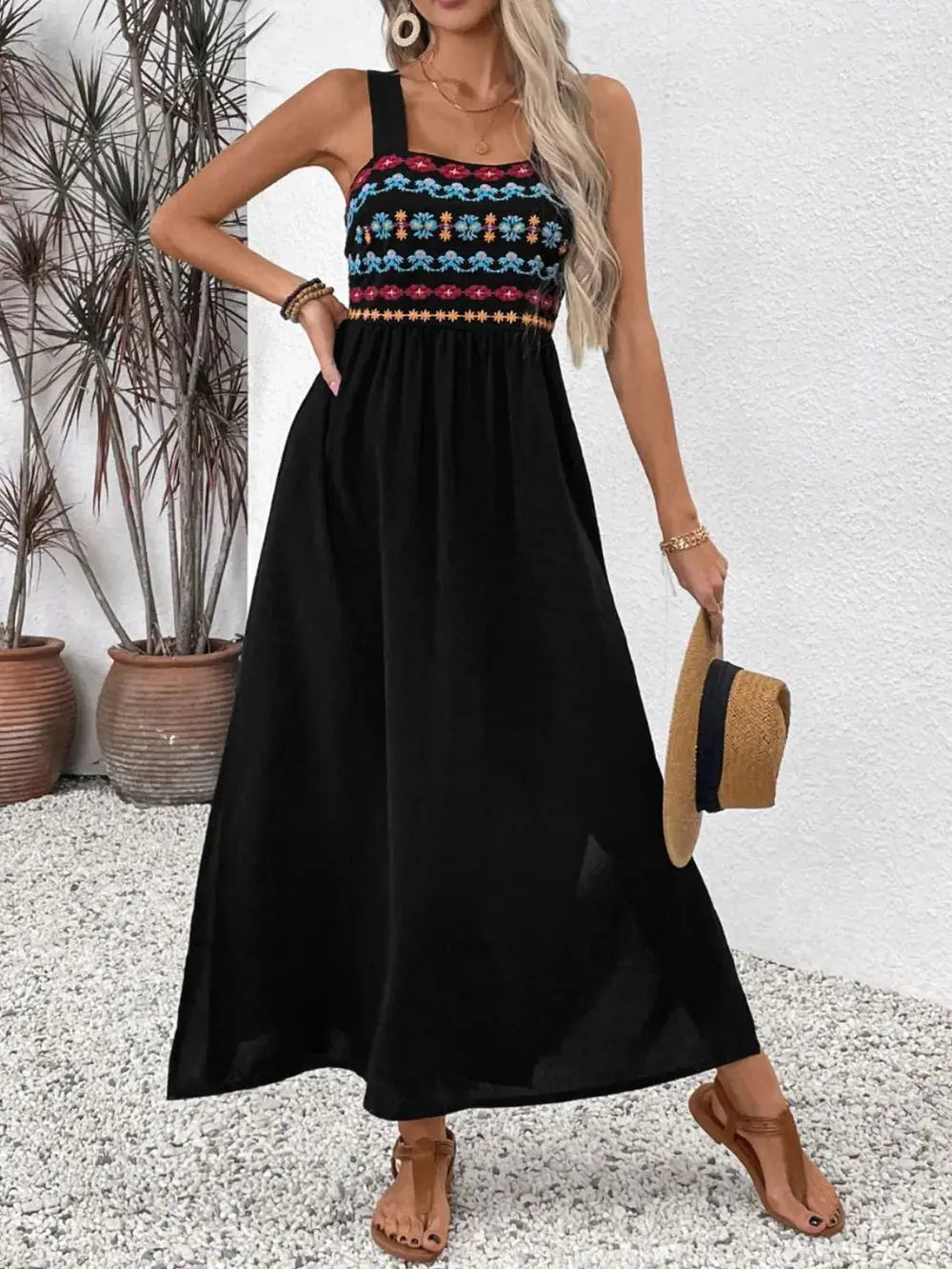 Perfee Embroidered Floral Side Slit Sleeveless Midi Dress.