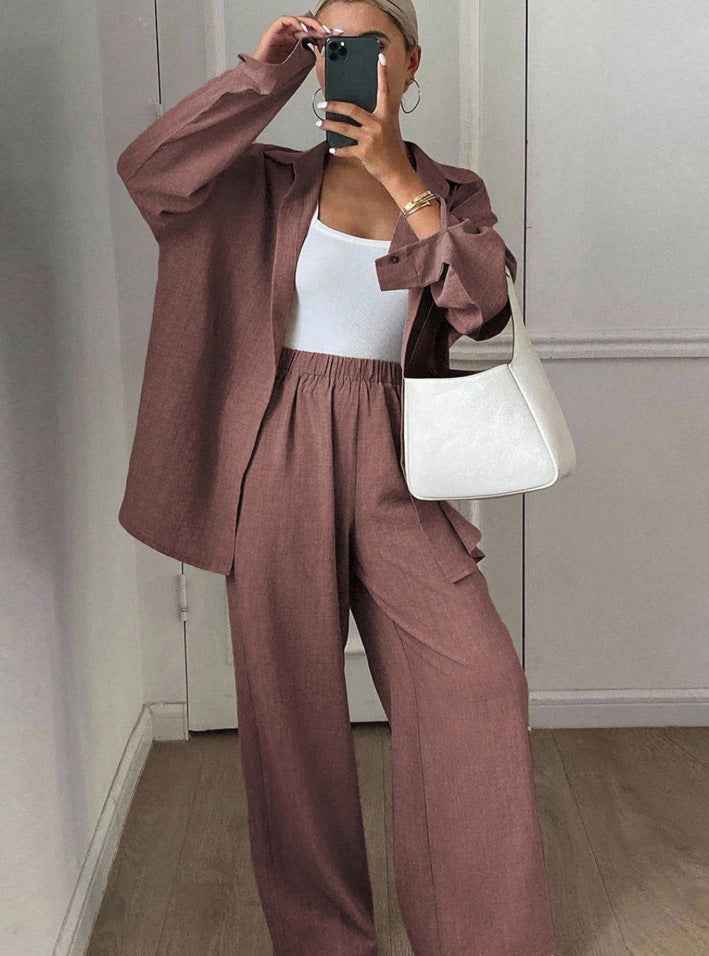 Womens Solid-Color Casual Loose Cotton-Linen Long-Sleeve Shirt And Pants Set