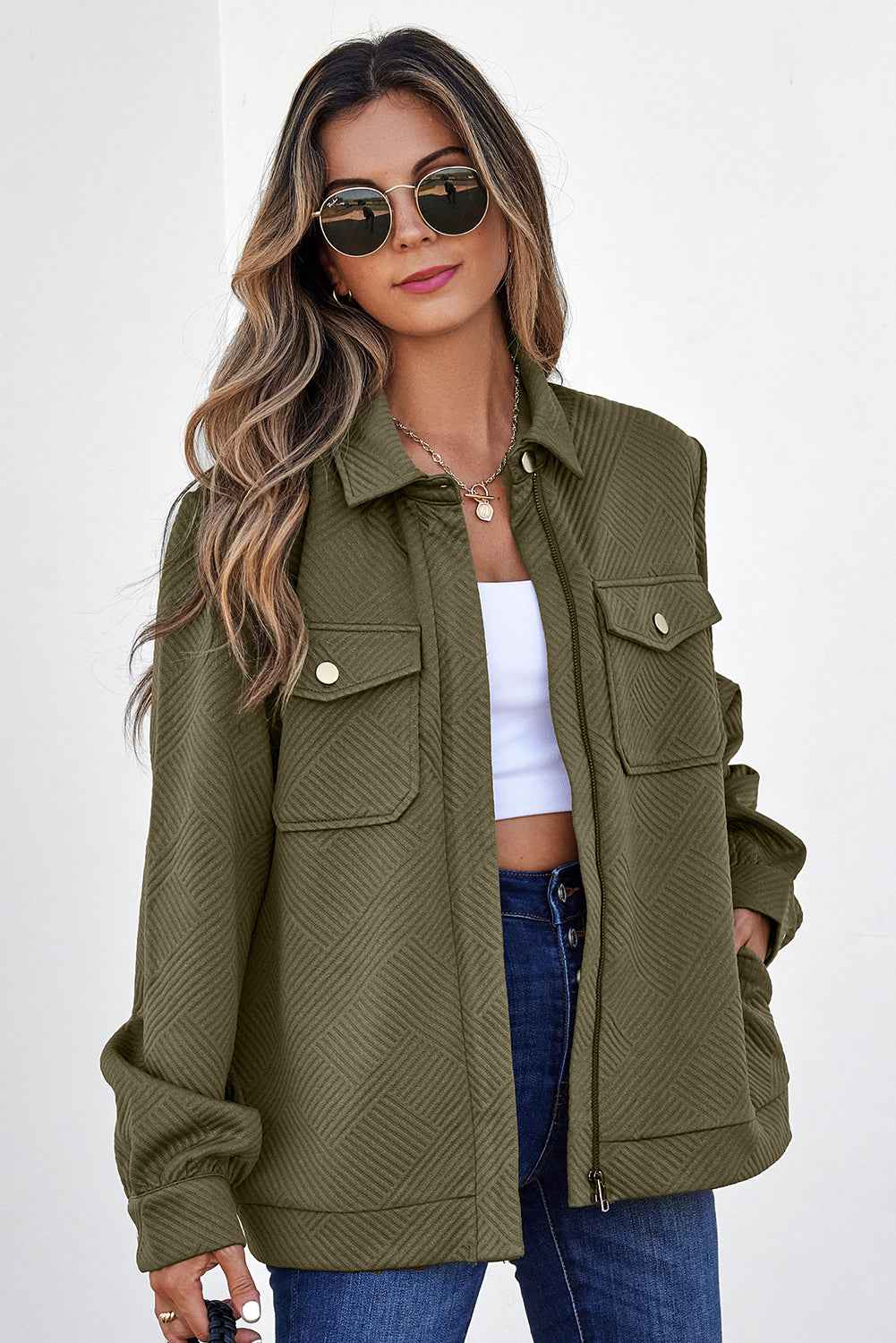 Blackish Green Solid Color Zip Up Button Flap Pocket Shirt Collar Jackets