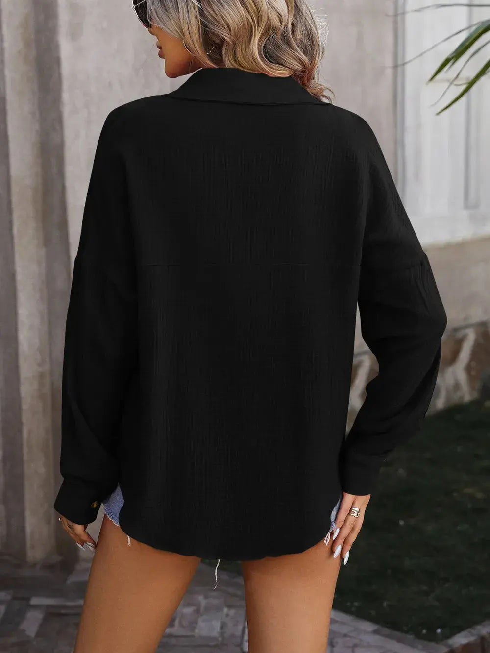 Mandy Textured Pocketed Button Up Dropped Shoulder Shirt.