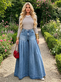 Casual Women's Wide-Leg Flared Jeans with Washed Wrinkle Design Fashionable Denim Pants