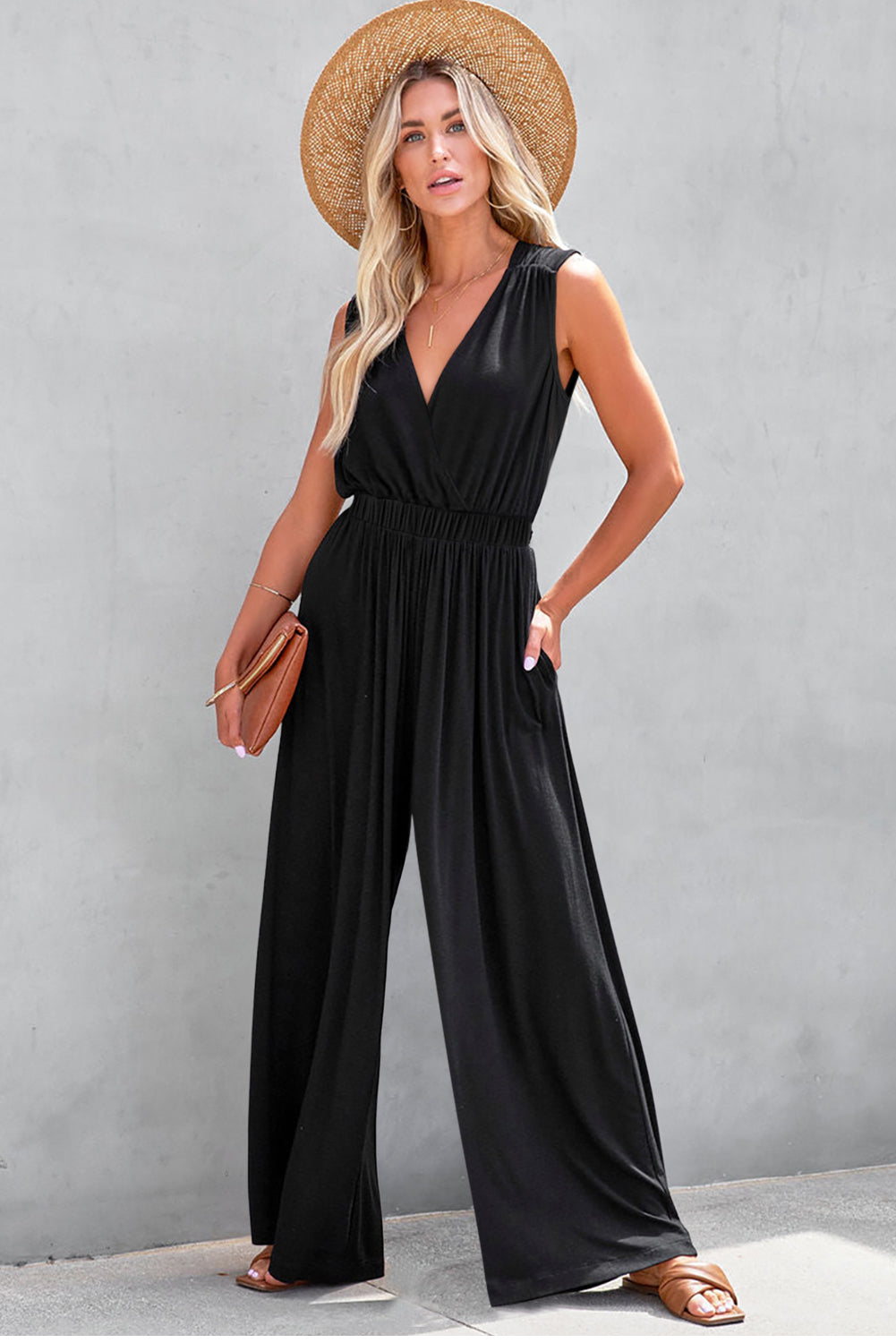 Black Deep V Pleated Crisscross Wide Leg Backless Jumpsuit Dear-Lover Dropshipping