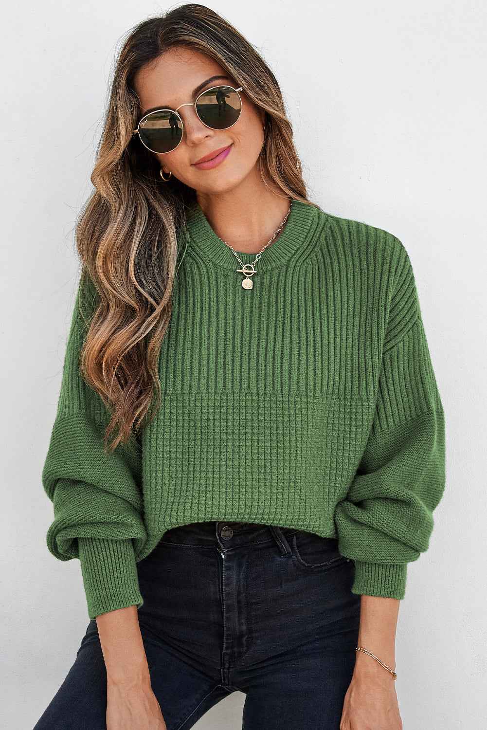 Vineyard Green Solid Color Mixed Textured Knitted Crew Neck Sweater