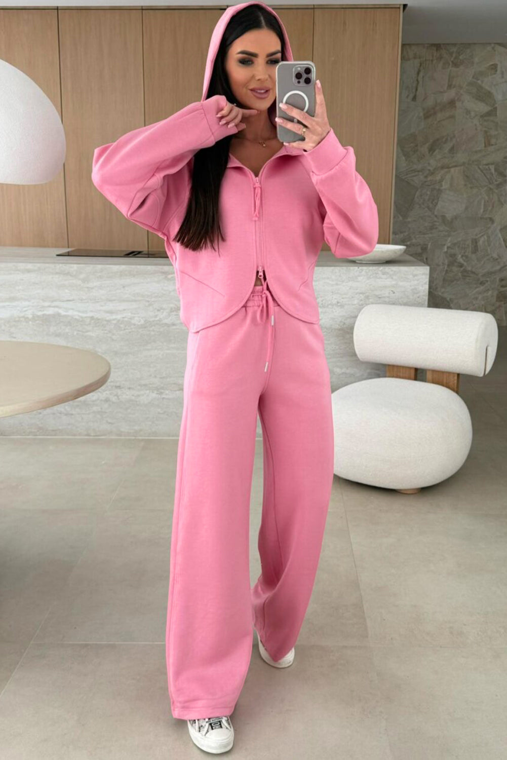 Pink Solid Color Zip Up Hoodie Drawstring Loose Pants Set Dear-Lover Dropshipping
