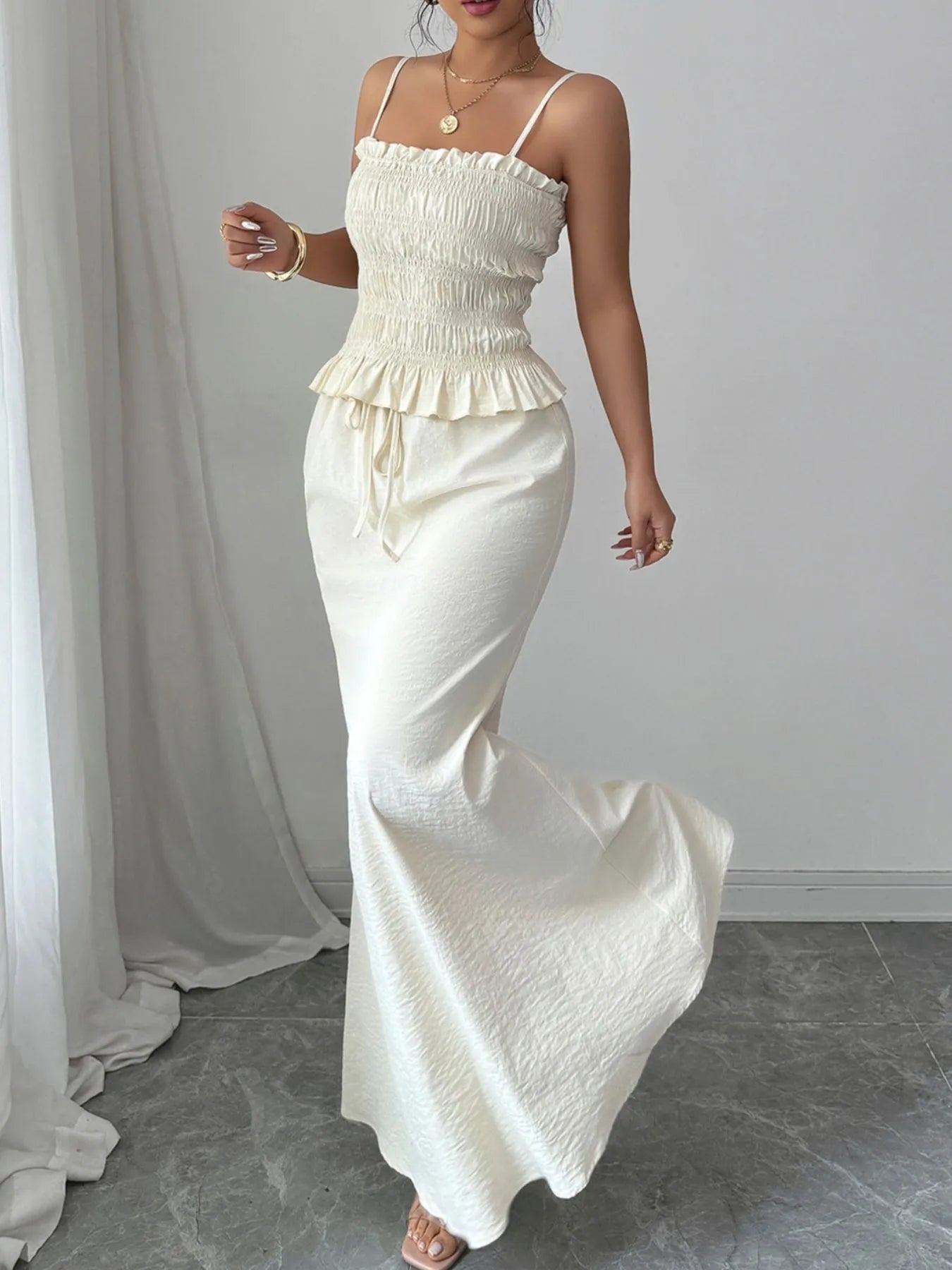 Smocked Ruffled Hem Cami and Maxi Skirt Set.