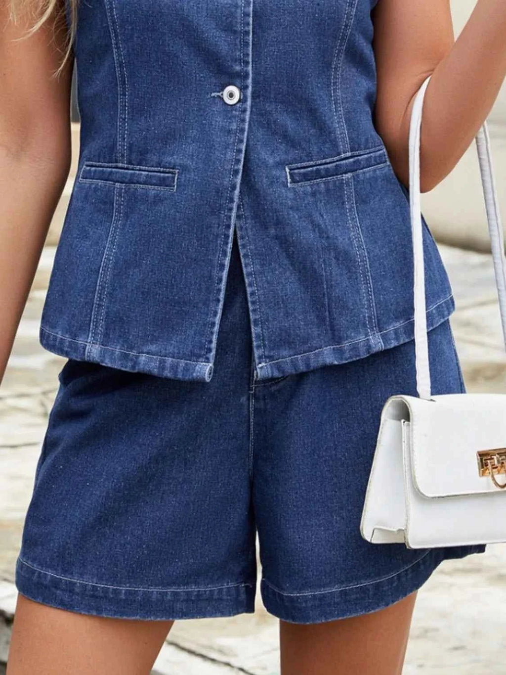 Button Down Vest and Shorts Denim Set.