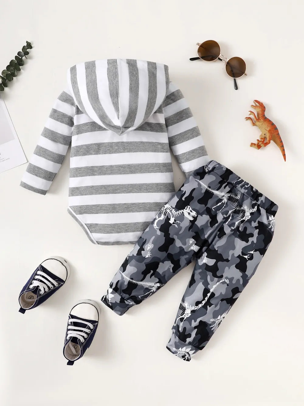 Children's Striped Hooded Bodysuit and Camouflage Pants Set.