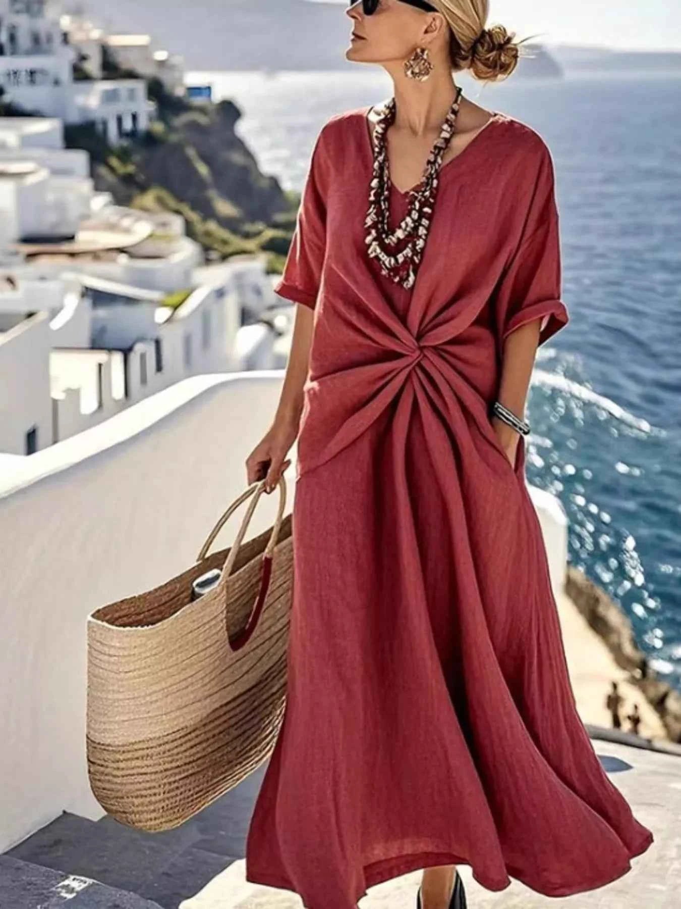 Twist Front V-Neck Half Sleeve Dress.