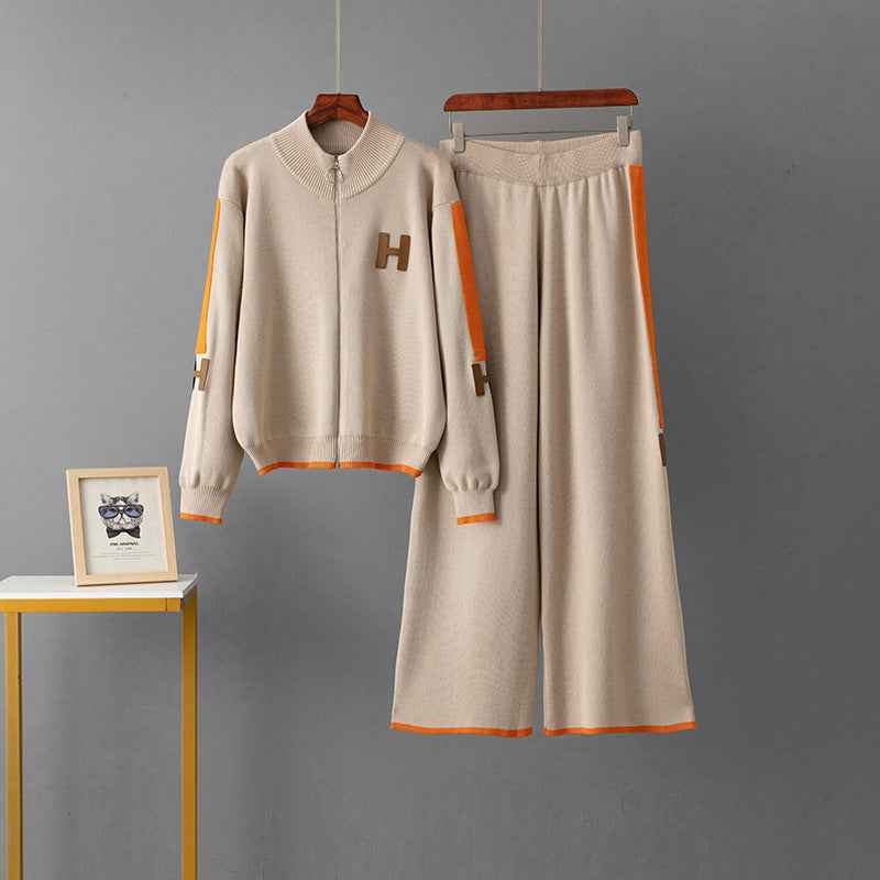 Round neck zipper top loose sports pants two-piece set