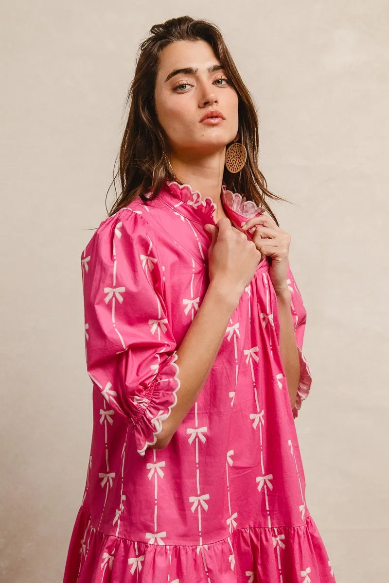 BiBi Ribbon Patterns With Scallops Edge Details Short Sleeve Dress.