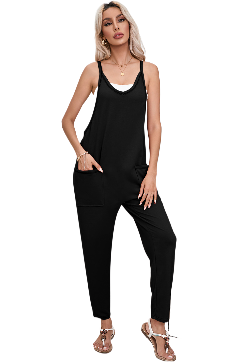 Black Side Pockets Harem Pants Sleeveless V Neck Jumpsuit Dear-Lover Dropshipping