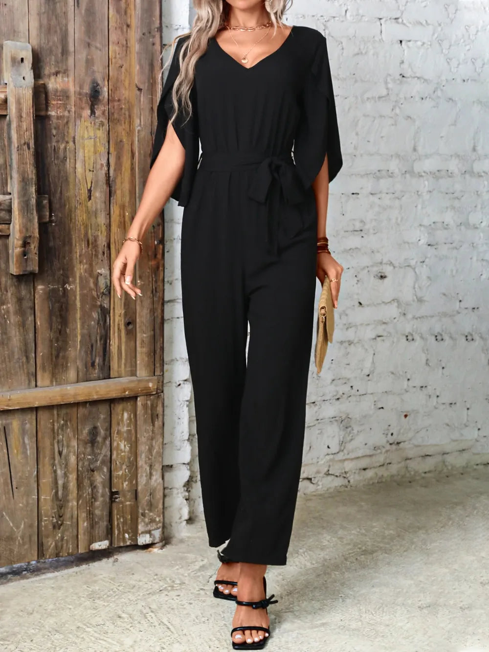 Tied V-Neck Half Sleeve Wide Leg Jumpsuit - CHIC TB
