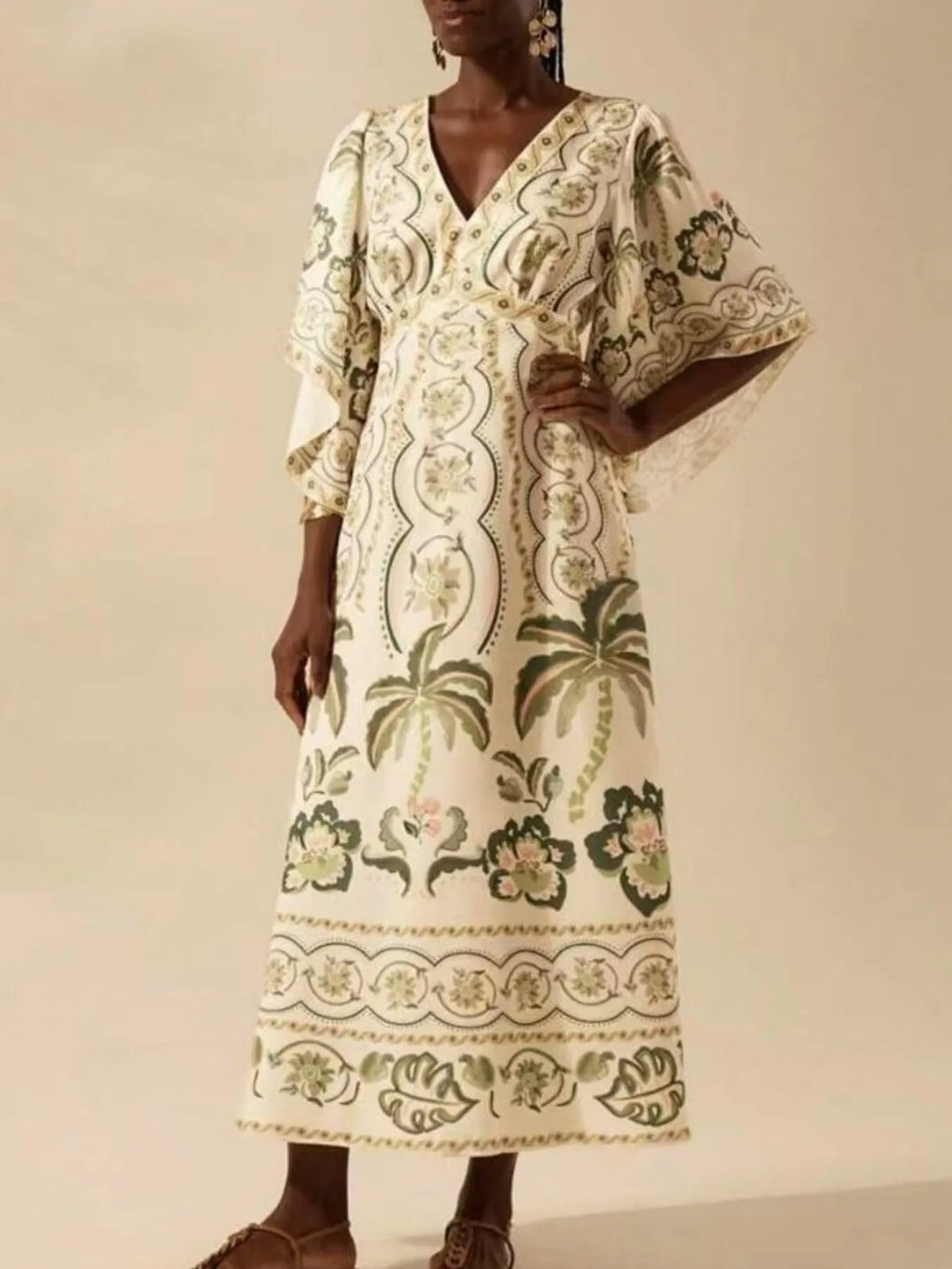 Palm Print V-Neck Midi Dress.