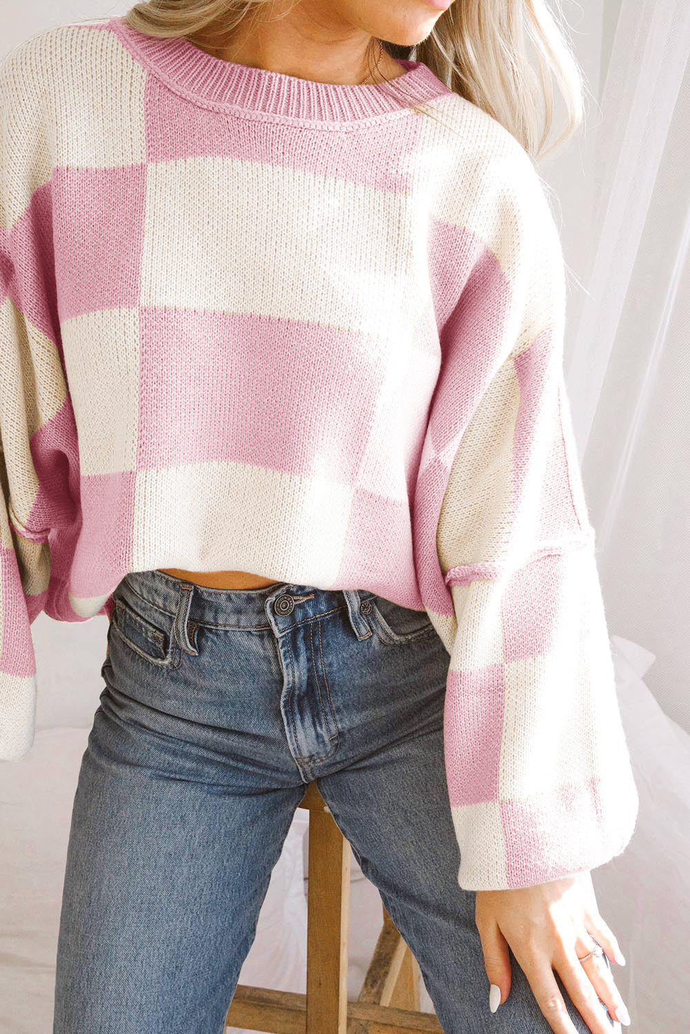 Pink Checkered Bishop Sleeve Sweater Dear-Lover Dropshipping