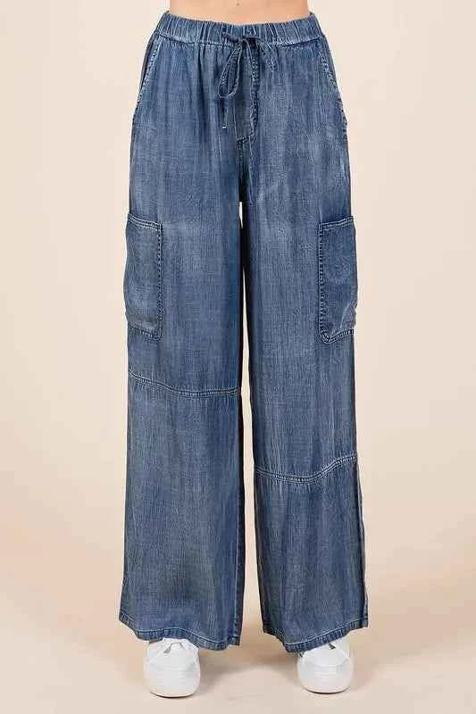 Mittoshop Washed Elastic Waist Cargo Wide Leg Pants