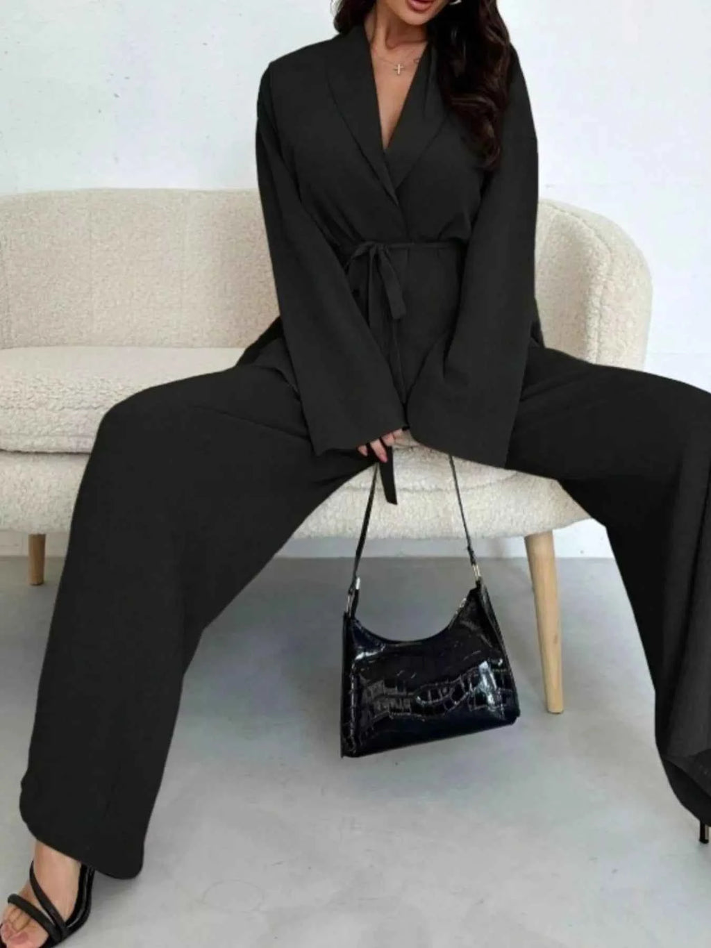 Front Tied Shirt and Wide-Leg Pants Set