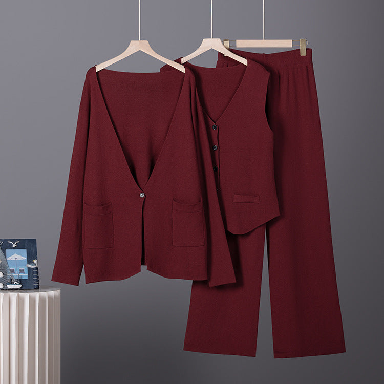 Three-Piece Jacket, Vest and Wide-Leg Pants Set