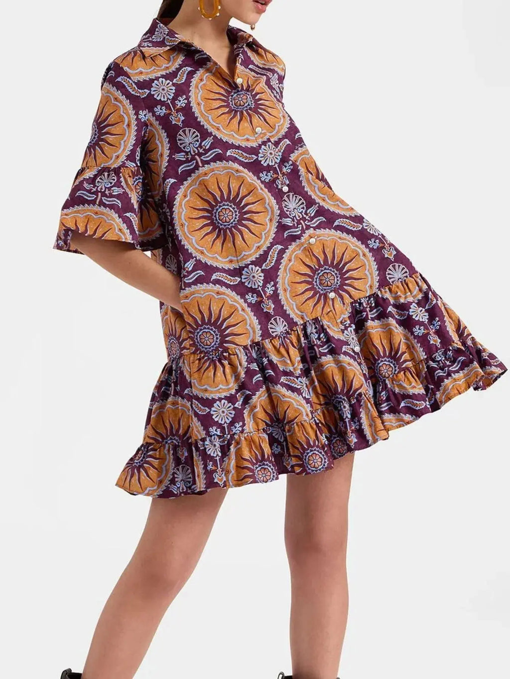 Floral Print Ruffle Sleeve Mini Dress.