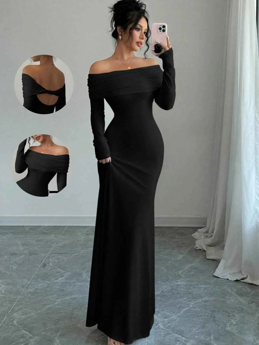 Off-Shoulder Long Sleeve Bodycon Maxi Dress