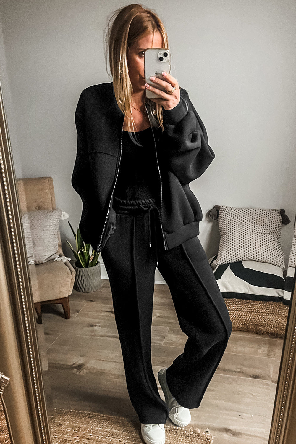Black Solid Seamed Zipper Jacket and Drawstring Waist Pants Set Dear-Lover Dropshipping