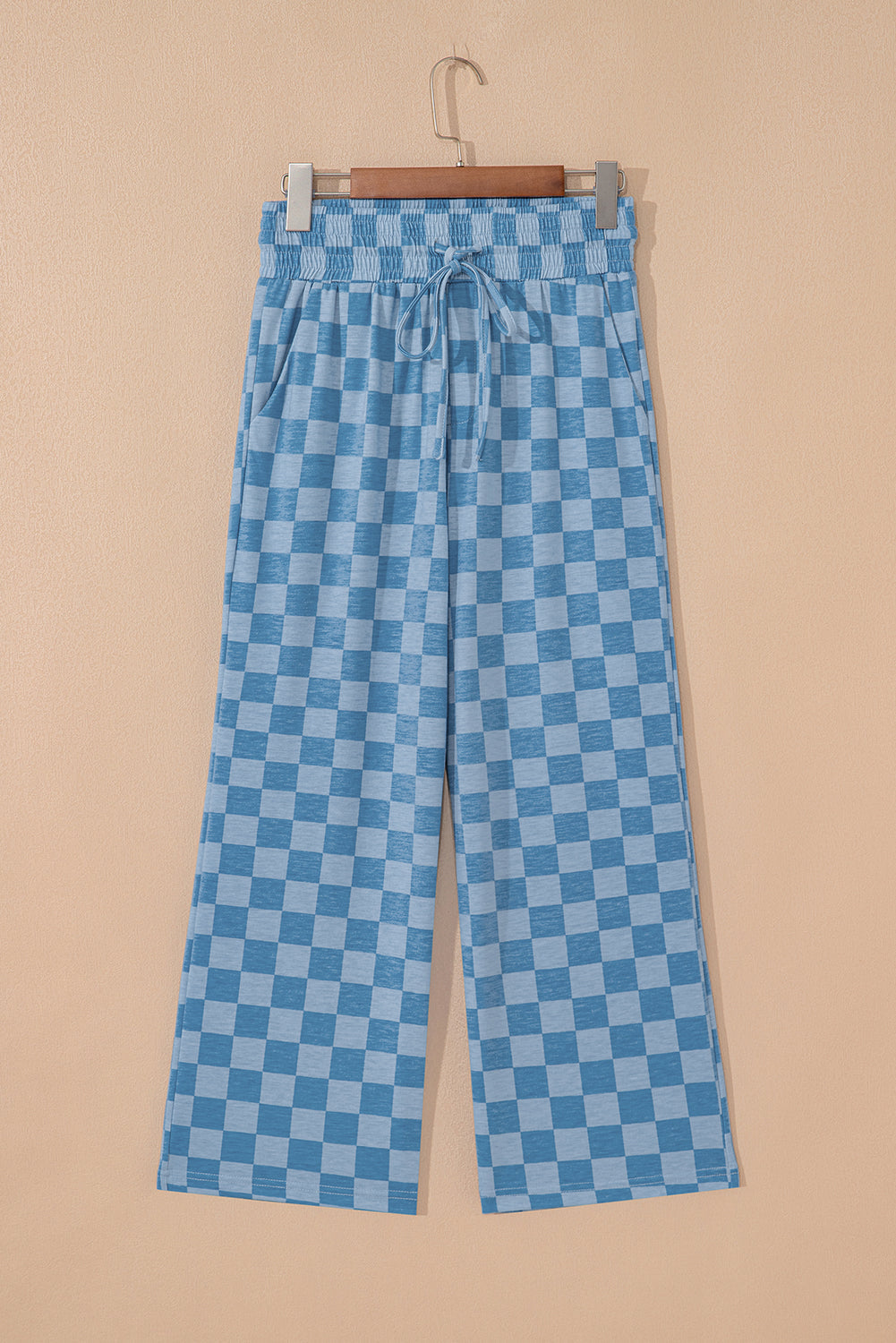Sky Blue Checkered Elastic High Waist Loose Casual Pants Dear-Lover Dropshipping