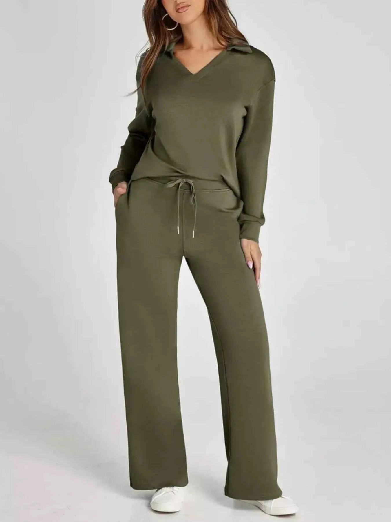 Full Size Johnny Collar Long Sleeve Top and Pants Plus Size