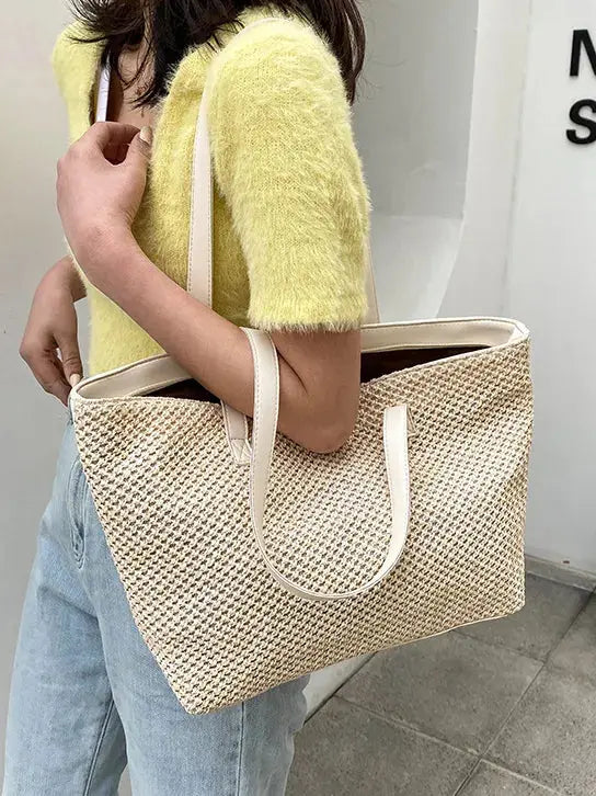 Solid Color Woven Tote Bag.