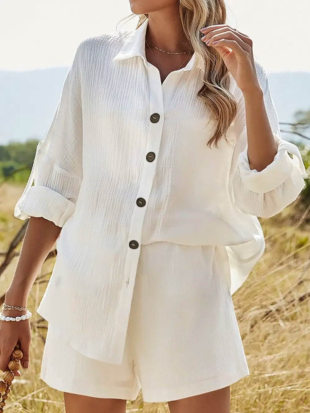 Texture Button Up Shirt and Shorts Set - CHIC TB