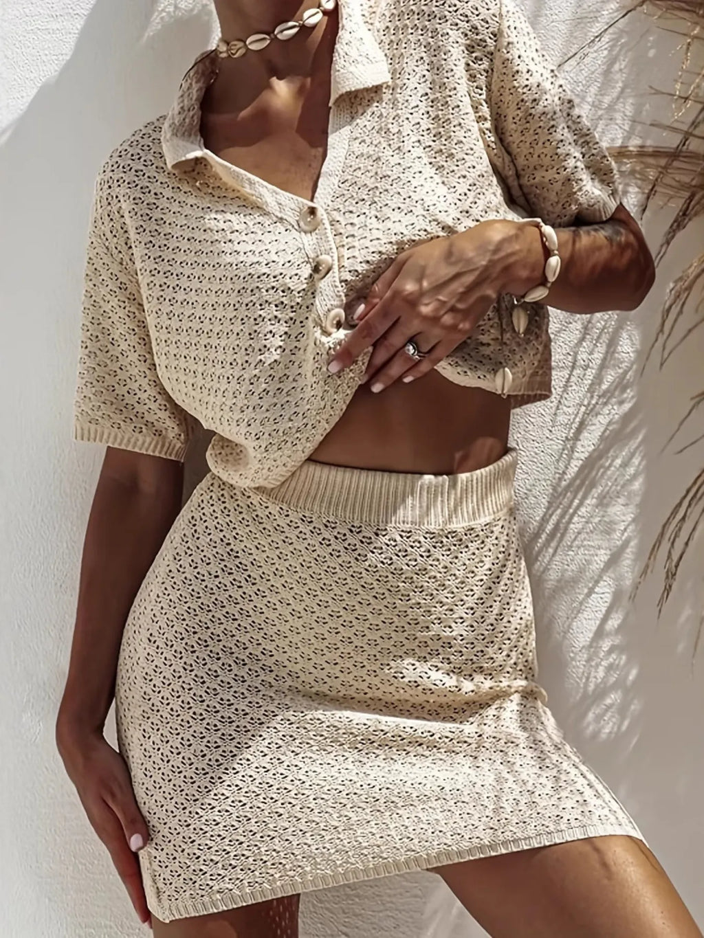 Openwork Button Up Top and Skirt Sweater Set.