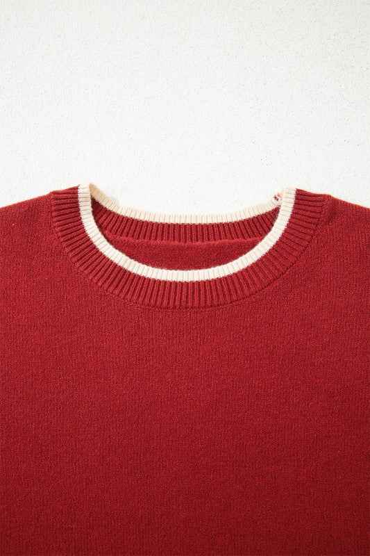 Leopard Bow Split Cuff Contrast Trim Sweater