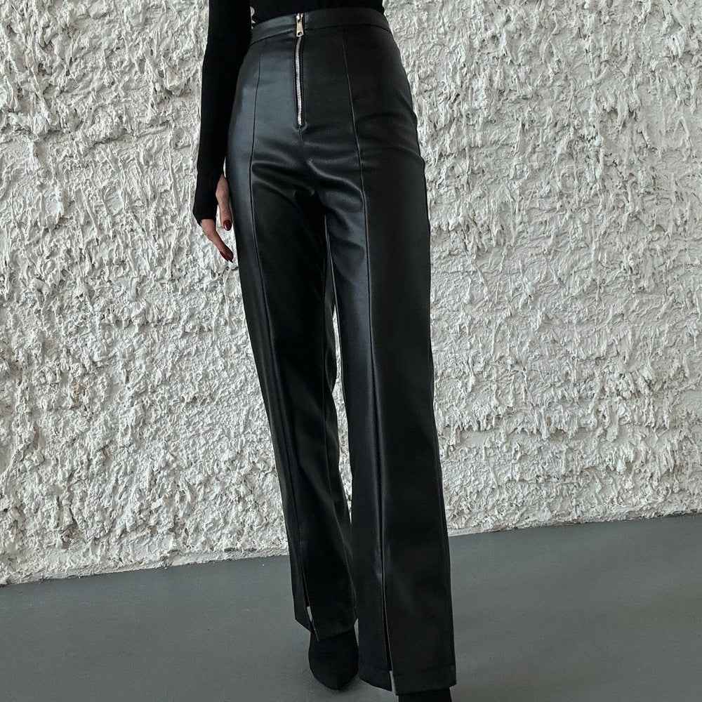 Casual straight leg PU wide leg leather pants