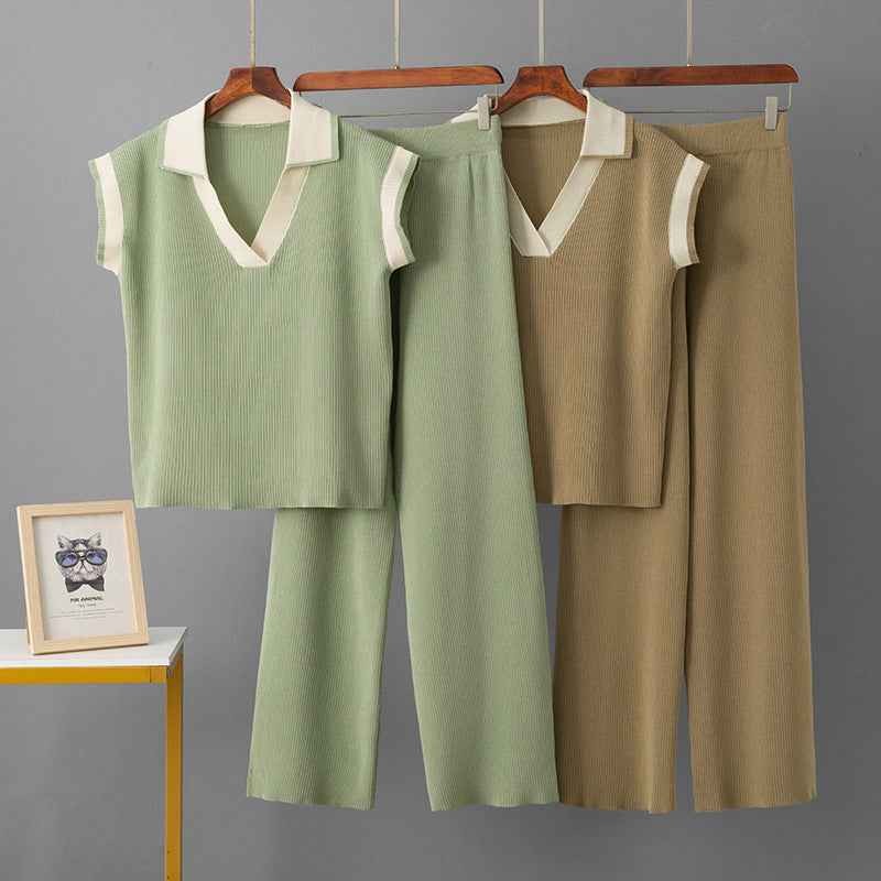 Solid Color Loose Sleeveless Knit Top + Sporty Fitted Wide-Leg Pants Two-Piece Set for Women