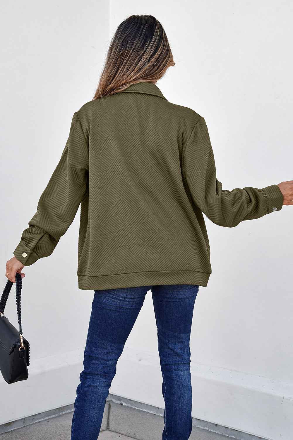 Blackish Green Solid Color Zip Up Button Flap Pocket Shirt Collar Jackets
