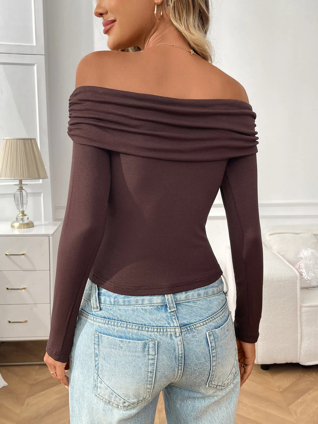 Off-Shoulder Long Sleeve Fitted T-Shirt.