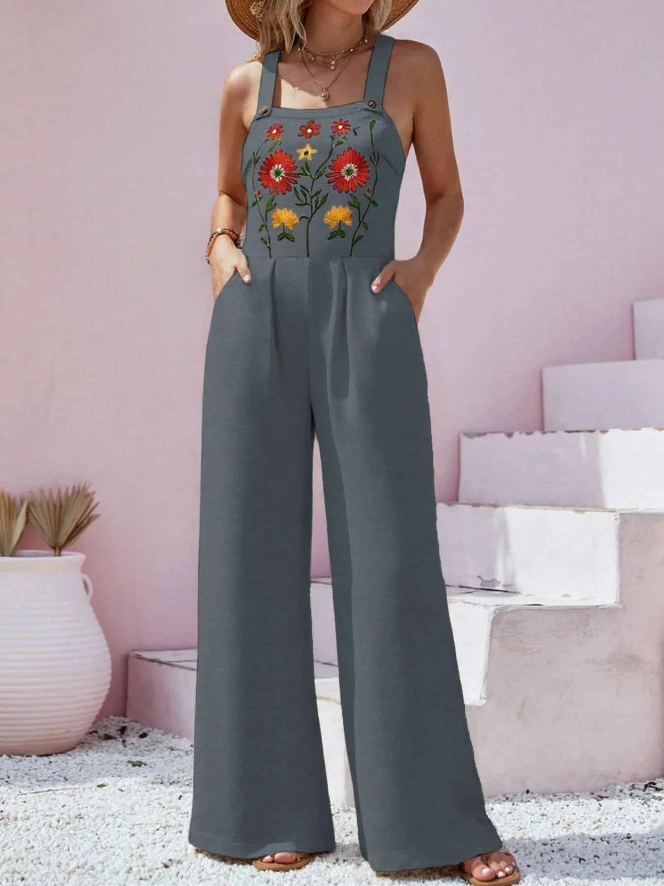 Floral Embroidered Wide Leg Jumpsuit