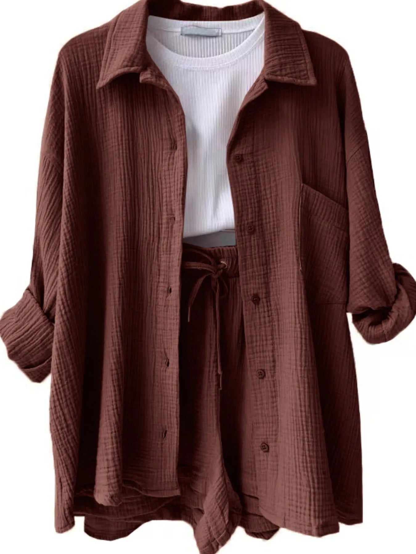 Textured Button Up Shirt and Shorts Set.