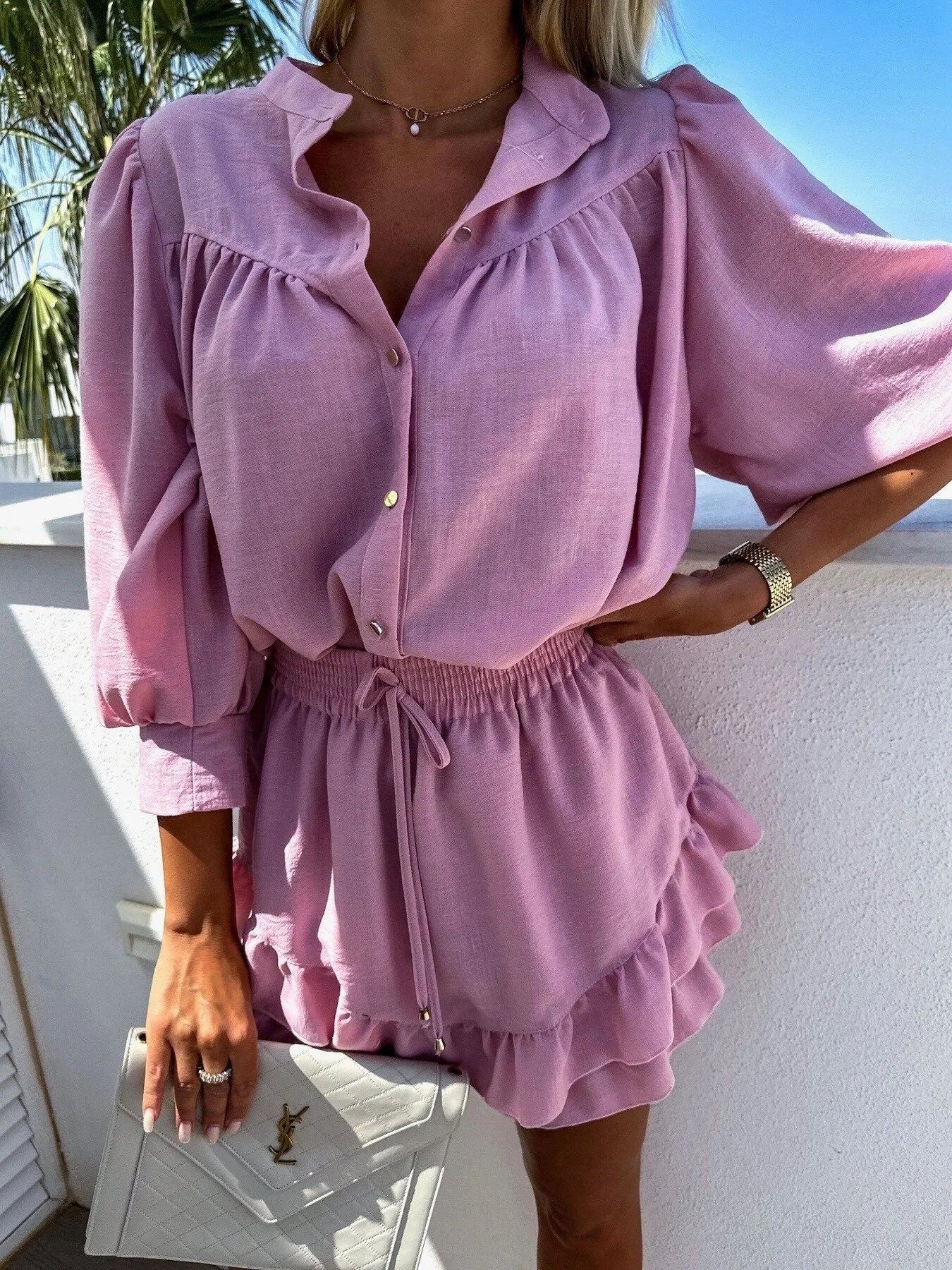 Button Up Top and Ruffled Skirt Set.