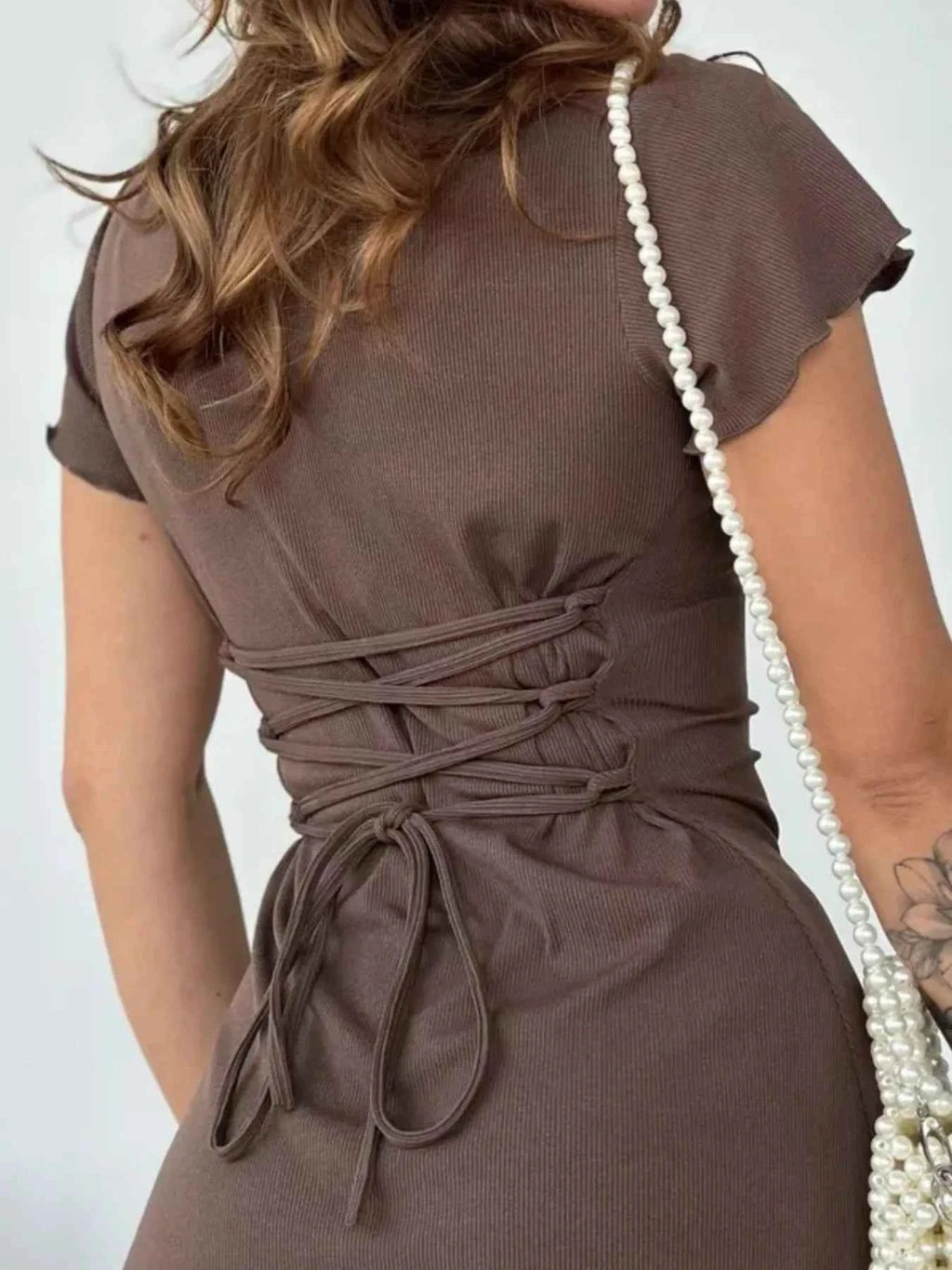 Ribbed Back Lace Up Short Sleeve Mini Dress