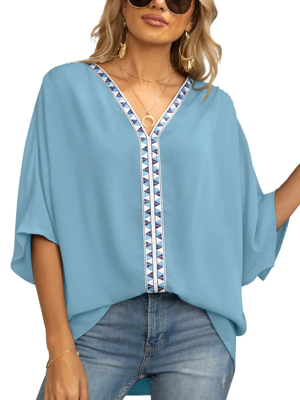 Printed Trim V-Neck Batwing Sleeve Blouse.