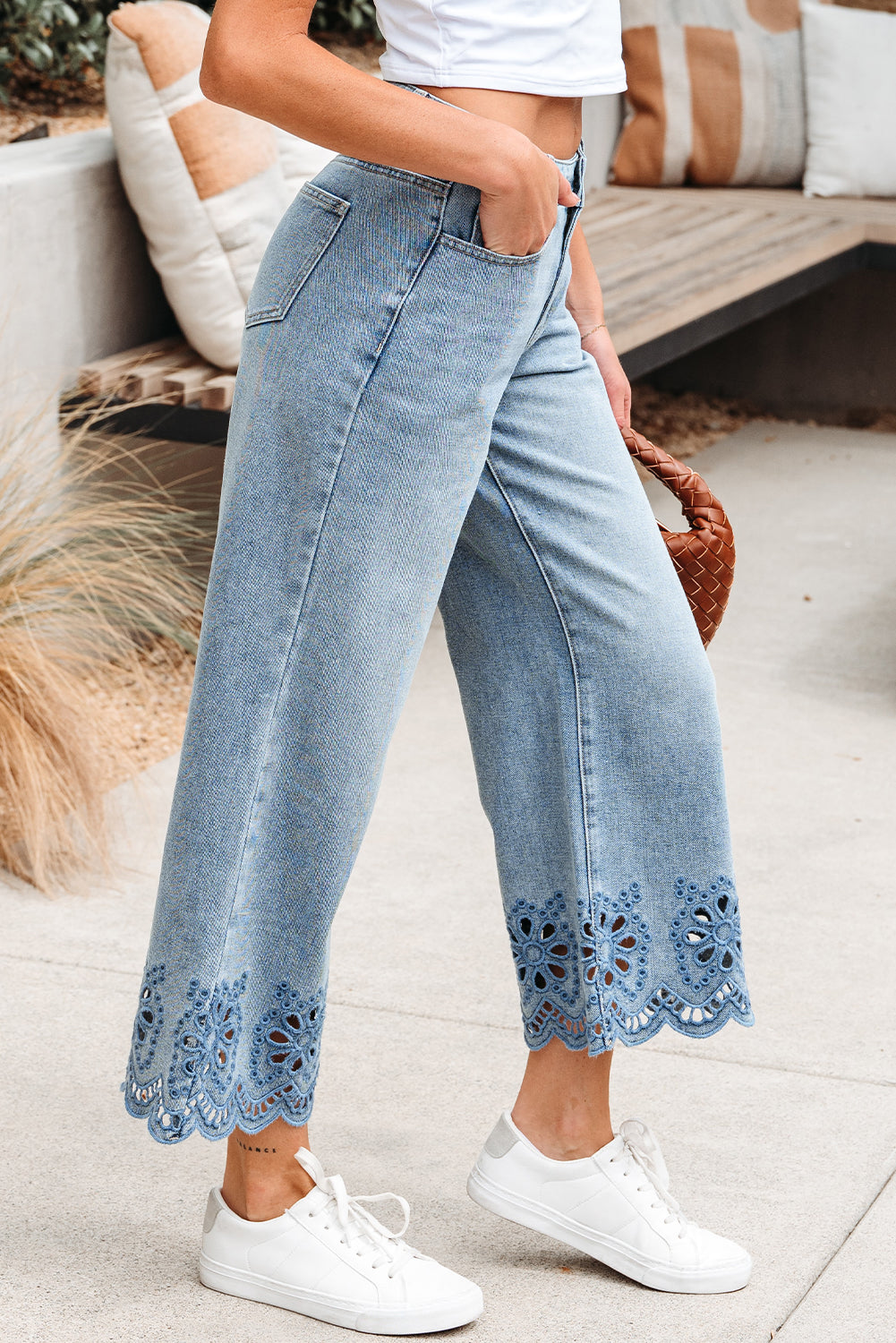 Dusk Blue Embroidered Cropped Wide Leg High Waist Jeans Dear-Lover Dropshipping