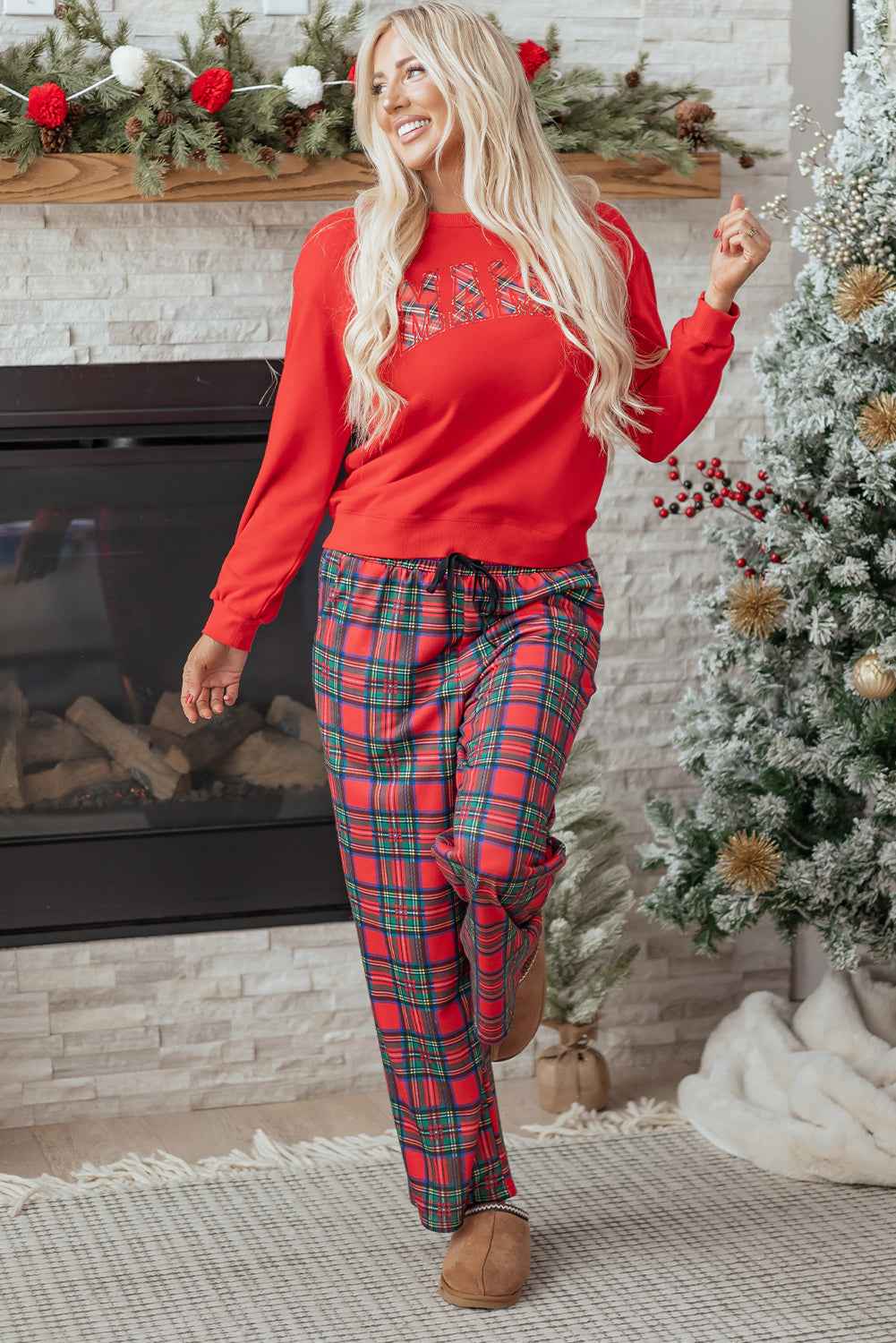 Red Plaid Mama Graphic Christmas Holiday Crewneck Pullover and Pants Two Piece Lounge Set