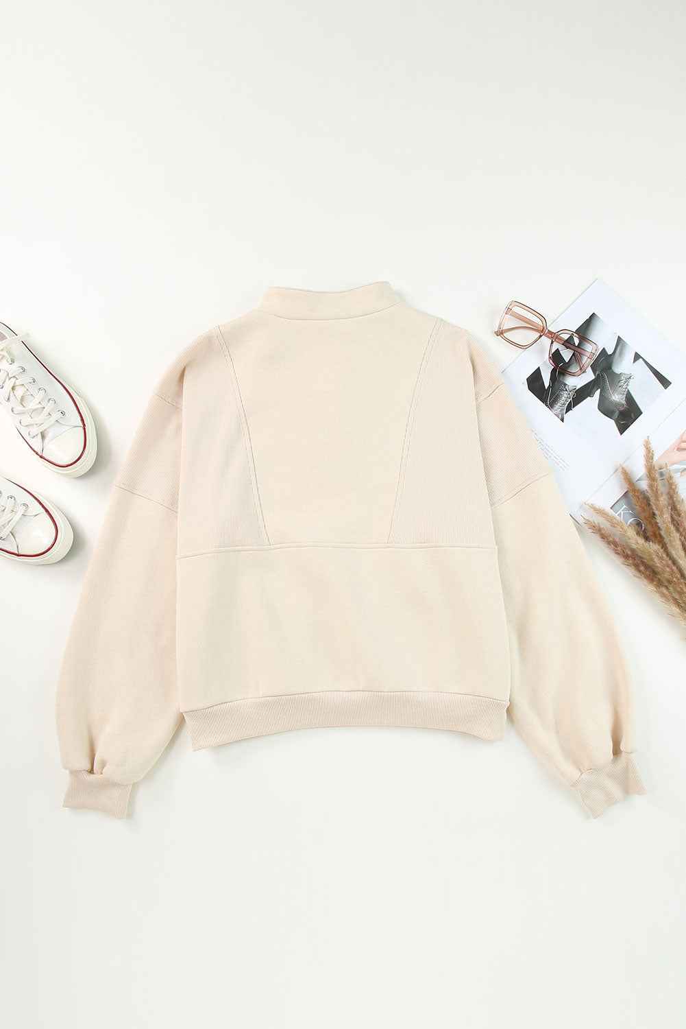 Apricot Half Zip Stand Collar Exposed Seam Solid Color Casual Sweatshirt