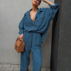 Lapel Long Sleeve Shirt Wide Leg Pants Set Design Sense Temperament Casual Two-Piece Suit
